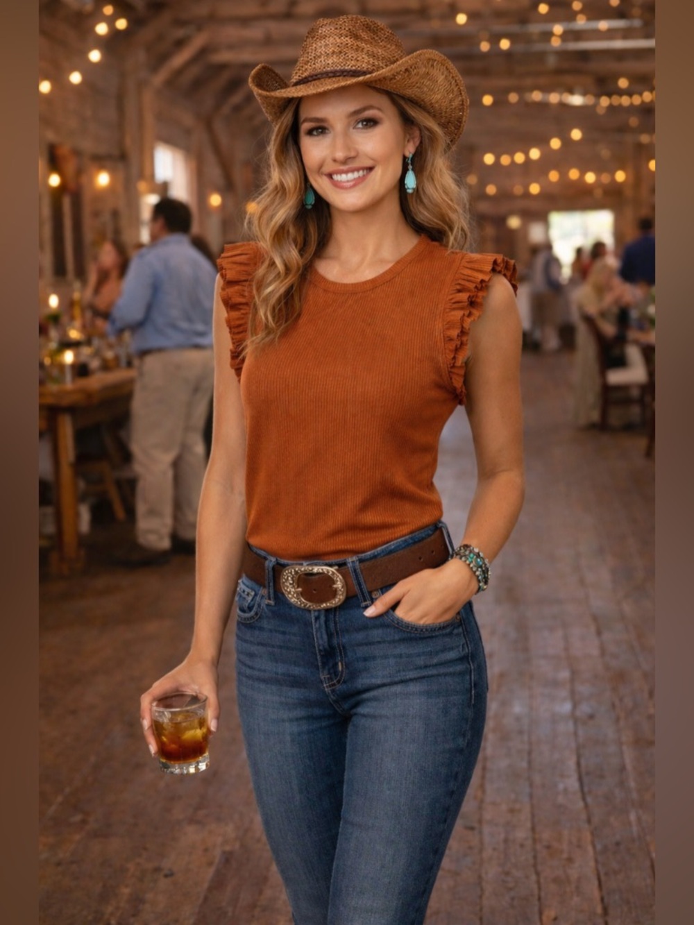 J.Crew Orange Ruffle Short Sleeve Ribbed Pullover Blouse Sz M Boho Earthy